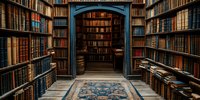 Vintage library interior with ornate blue archway, antique books on wooden shelves, and traditional carpet runner leading through doorway. Atmospheric study space.