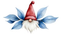 Scandinavian gnome with white beard and red hat surrounded by blue watercolor leaves creates magical winter holiday mood on white background.