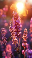 Purple lavender flowers backlit by golden sunset light with dreamy bokeh background, creating magical summer garden atmosphere with soft focus effect.