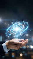 Businessman hand holding glowing digital currency symbols spiral with yen dollar euro bitcoin icons floating above palm in futuristic financial technology concept.