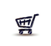 Artistic sketch of shopping cart icon in dark blue brush strokes on white background, isolated design element for e-commerce and retail graphics.