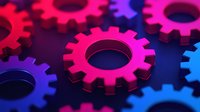Vibrant pink, purple and blue gears on dark background illustrate teamwork, business processes and mechanical cooperation. Modern industrial concept.