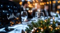 Business professional analyzing financial data on laptop during festive corporate dinner with wine glasses and holiday decorations in elegant restaurant setting.