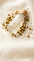 Natural skincare serum bottle with wooden dropper surrounded by dried chamomile flowers and sea salt crystals on linen fabric for spa wellness treatments.