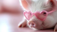 Adorable pink piglet wearing heart-shaped sunglasses against soft pink background, close-up portrait showing snout and ears in gentle lighting for Valentine's day designs.
