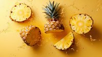 Fresh ripe pineapple slices and whole fruit with water splashes on vibrant yellow background, creative food composition for healthy eating concept.