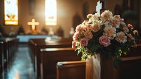Pink and white roses in elegant floral arrangement decorating wooden church pew during wedding ceremony, with soft glowing stained glass windows and cross in background.