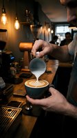 Professional barista pouring steamed milk creating latte art in coffee cup at modern cafe with warm ambient lighting and industrial decor.