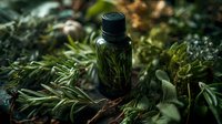 Dark glass bottle with herbal extract surrounded by fresh green herbs and botanical ingredients in natural forest setting for aromatherapy and wellness products.