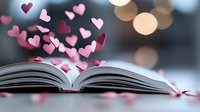 Open book with floating pink hearts emerging from pages creating magical romantic atmosphere with soft bokeh background lighting effects.