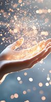 Open palm releasing magical glowing particles and sparkles against soft blue background, creating ethereal atmosphere with floating golden bokeh lights.