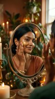 Young South Asian woman applying gold under-eye patches, smiling at mirror reflection in warm candlelit room with plants and golden jewelry.
