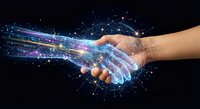 Human hand shaking with futuristic digital holographic hand in glowing blue network connections representing AI technology partnership and collaboration.