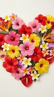 Vibrant tropical flower arrangement with hibiscus, plumeria, bird of paradise and anthurium in heart shape on white background for summer designs.