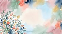 Watercolor floral frame with soft pastel washes in pink, green, blue and yellow tones, featuring botanical leaves and flowers around edges, suitable for backgrounds and design projects.