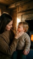 Loving mother and toddler sharing tender moment in cozy rustic cabin with fireplace. Warm family bonding scene in wooden interior with soft lighting.