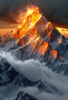 Majestic snow-covered mountain peak illuminated by dramatic golden sunset light breaking through storm clouds, creating fiery glow effect on rocky summit amid misty atmosphere.
