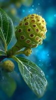 Close-up of noni fruit on branch with water droplets against turquoise bokeh background, showcasing exotic tropical plant in natural setting.