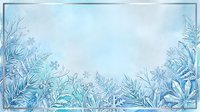 Frozen winter foliage and snowflakes frame a serene icy landscape with delicate crystalline plants and frost-covered botanicals creating a tranquil seasonal background.