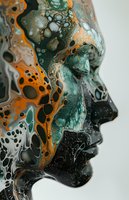 Abstract fluid art profile silhouette in orange, teal and black colors with marbled effect and flowing paint texture creates dramatic modern wall decor piece.
