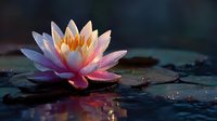 Delicate water lily with pink and orange petals blooming on dark pond surface, illuminated by soft light creating serene aquatic atmosphere.