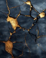 Cracked dark stone surface with golden metallic elements showing through fissures, creating dramatic contrast and luxurious abstract pattern for modern design projects.
