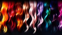 Vibrant wavy hair strands in rainbow spectrum colors from red to purple arranged in gradient pattern against dark background, showcasing modern hair coloring trends.