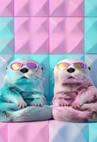 Two playful seals wearing mirrored sunglasses against geometric background in trendy pastel pink and turquoise colors, creating fun summer vibe for social media content.