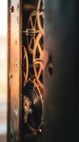 Vintage clock mechanism with brass gears and springs exposed in warm lighting showcasing intricate clockwork machinery and mechanical engineering craftsmanship.