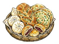 Assorted baked goods in woven basket including croissants, pastries, and bread rolls with jam filling, isolated on white background for bakery and food design use.