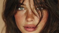 Young woman with freckles and wet hair looking at camera with natural makeup and glowing skin for beauty and skincare concepts.