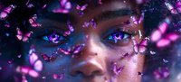 Close up portrait of young African woman with glowing blue eyes surrounded by magical purple butterflies, creating dreamy atmosphere with dark background.