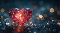 Glowing pink crystal heart on wet surface with bokeh lights in background creates magical romantic atmosphere for Valentine's day and love concepts.