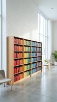 Modern home library with colorful books arranged by rainbow spectrum in wooden bookshelf against white brick wall in bright minimalist living room.