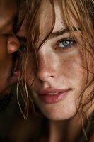Close-up portrait of young Caucasian woman with freckles and wavy blonde hair, natural beauty concept for skincare and cosmetics advertising.