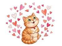 Orange tabby cat with cheerful expression surrounded by pink and red hearts on white background, isolated and ready for design use on apparel and merchandise.