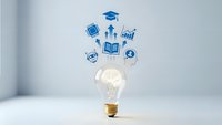 Light bulb with glowing brain and floating blue education icons representing learning innovation and academic knowledge development.