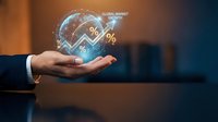 Businessman hand holding glowing digital globe with percentage symbols and global market growth text, representing financial data analysis and worldwide business expansion opportunities.