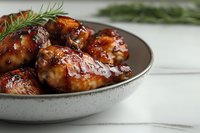 Glazed chicken thighs with honey soy marinade served in ceramic bowl on marble surface, garnished with fresh rosemary sprigs, close-up food photography.