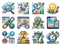 Startup business growth strategy icons with cloud analytics, rocket launch, financial charts, lightbulb innovation, link building, website optimization, social media marketing, award winning, conversion funnel, and time management symbols for entrepreneurship.