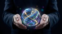 Business professional hands protecting glowing Earth globe with digital network connections representing global technology and environmental responsibility.