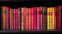 Colorful vintage leather-bound books arranged on dark wooden shelf, featuring vibrant pink, yellow, orange, and burgundy spines with gold lettering.