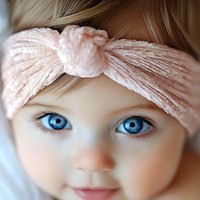 Close up portrait of young girl with bright blue eyes wearing soft pink knit headband, gentle smile and natural makeup look for family photography and lifestyle content.