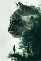Mystical double exposure combining giant cat profile with forest landscape and silhouette of person standing on rock, creating dreamy atmospheric scene in green tones.