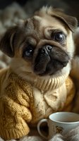 Adorable pug puppy wearing cozy knit sweater sitting with coffee mug, cute domestic pet portrait for winter holiday greeting cards and social media content.