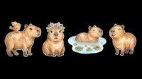 Capybara with small bird on head, capybara wearing flower crown, capybara in water pool, and standing capybara isolated on transparent background, ready for t-shirt design, stickers, clipart and print-on-demand products.