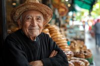 Elderly Hispanic male baker wearing straw hat smiling warmly at traditional bakery with fresh bread display. Small business owner portrait for marketing materials.