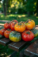 Fresh heirloom tomatoes in vibrant red, yellow and green colors arranged on wooden garden bench, natural bokeh background with sunlit foliage.