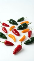 Colorful hot chili peppers in red, green and orange scattered on white background. Fresh spicy vegetables for cooking and culinary projects.