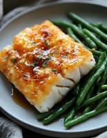 Seared white fish fillet with caramelized top served with fresh green beans on ceramic plate, ready for fine dining or cookbook use.